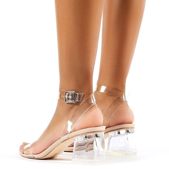 Public Desire Afternoon Nude Patent Clear Perspex PVC Block Mid Heels Sandals - Picture 3 of 10